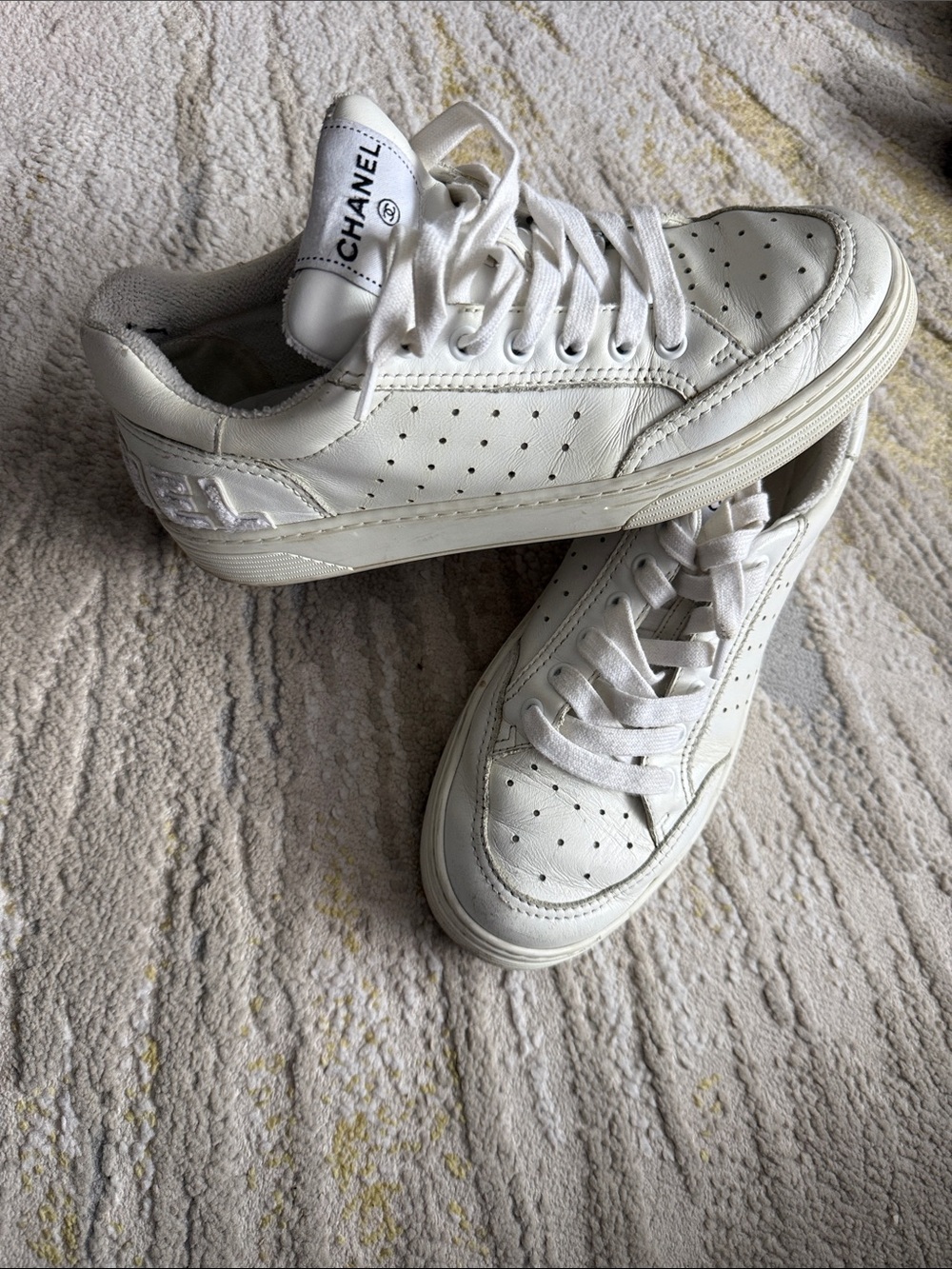 CHANEL White Leather Sneakers with Perforated Upper
